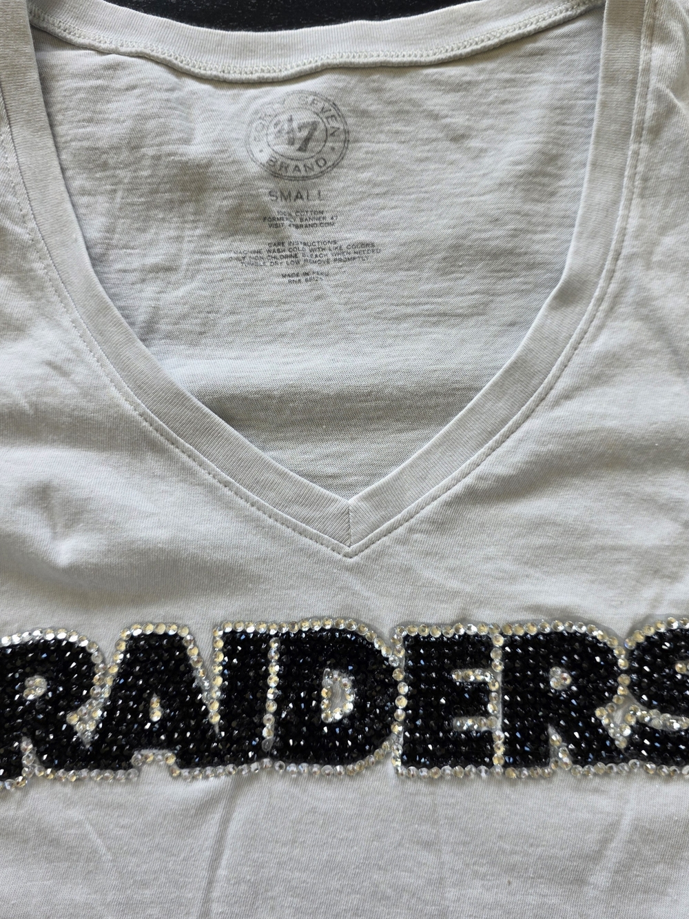 '47 Gray V-Neck Tee with Bedazzled Raiders Lettering